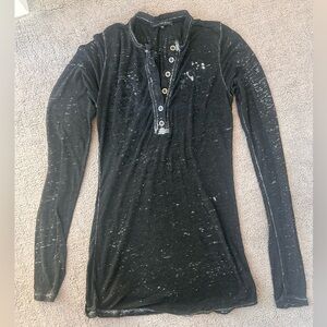 Crash & Burn Black Distressed Henley Top | Y2K Rocker Long Sleeve Shirt